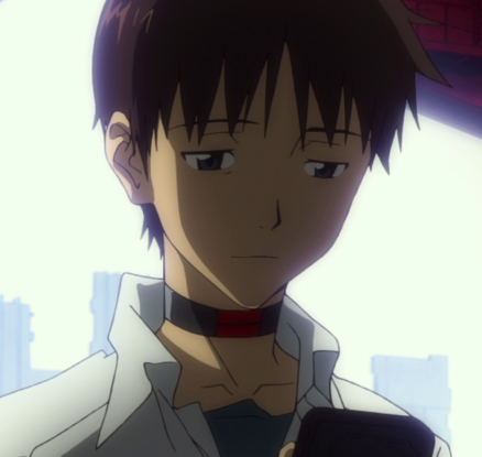 shinji from neon genesis evangelion looking at a phone with a bleak expression on his face.